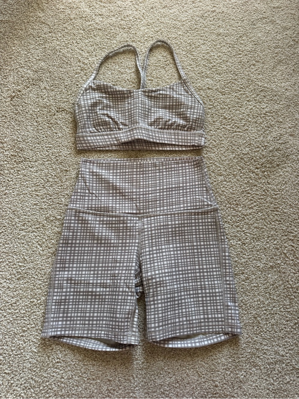 lululemon athletica Taupe Plaid High-Waist Bike Shorts & Sports Bra Set
